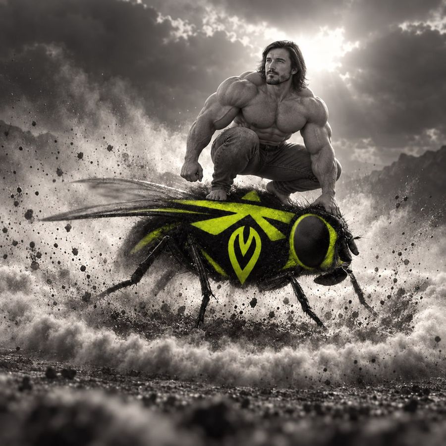 A gigachad riding a giant fly